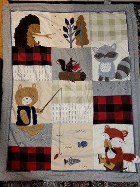 Woodland Patchwork Baby Quilt - Gray, Red, Tan, Brown